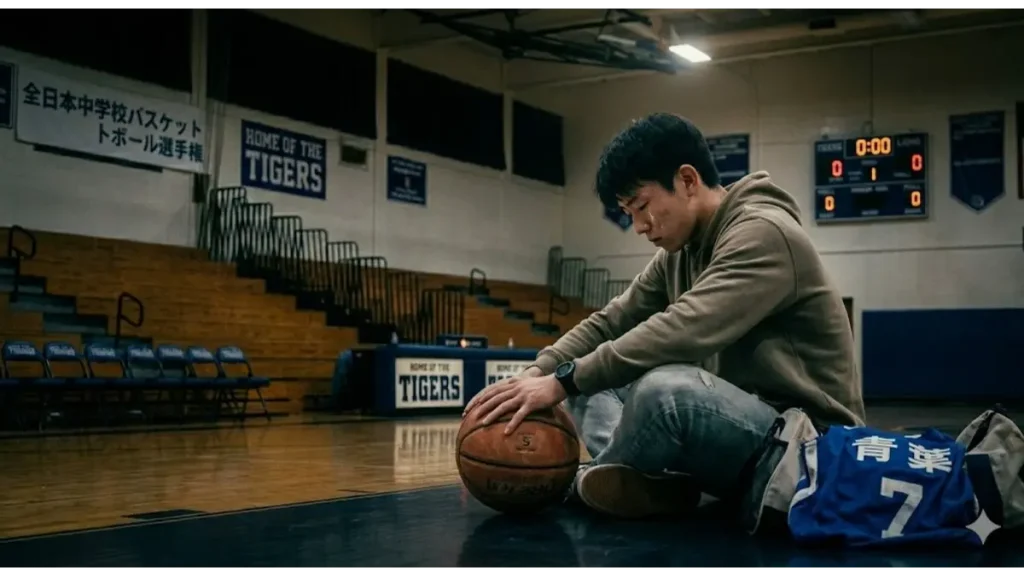 誰もいない体育館の床に座り込み、バスケットボールを抱え絶望する150cm台の少年。身長差という壁を前に、夢を諦めた日の孤独な背中。