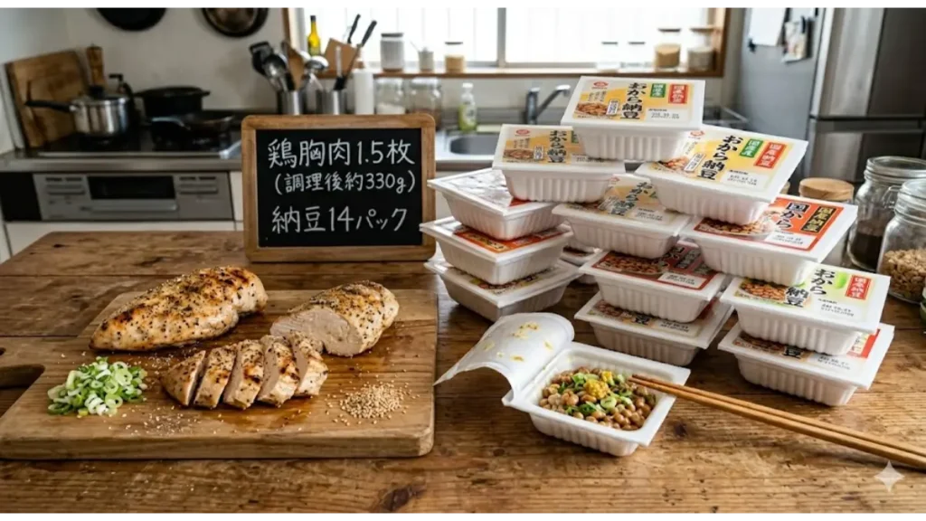 アルギニン5000mg摂取に必要な鶏胸肉1.5枚と納豆14パックを並べた写真。食事のみで目標量を達成する物理的な困難さを可視化した比較画像。
