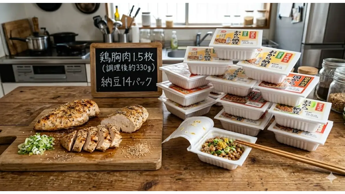 アルギニン5000mg摂取に必要な鶏胸肉1.5枚と納豆14パックを並べた写真。食事のみで目標量を達成する物理的な困難さを可視化した比較画像。