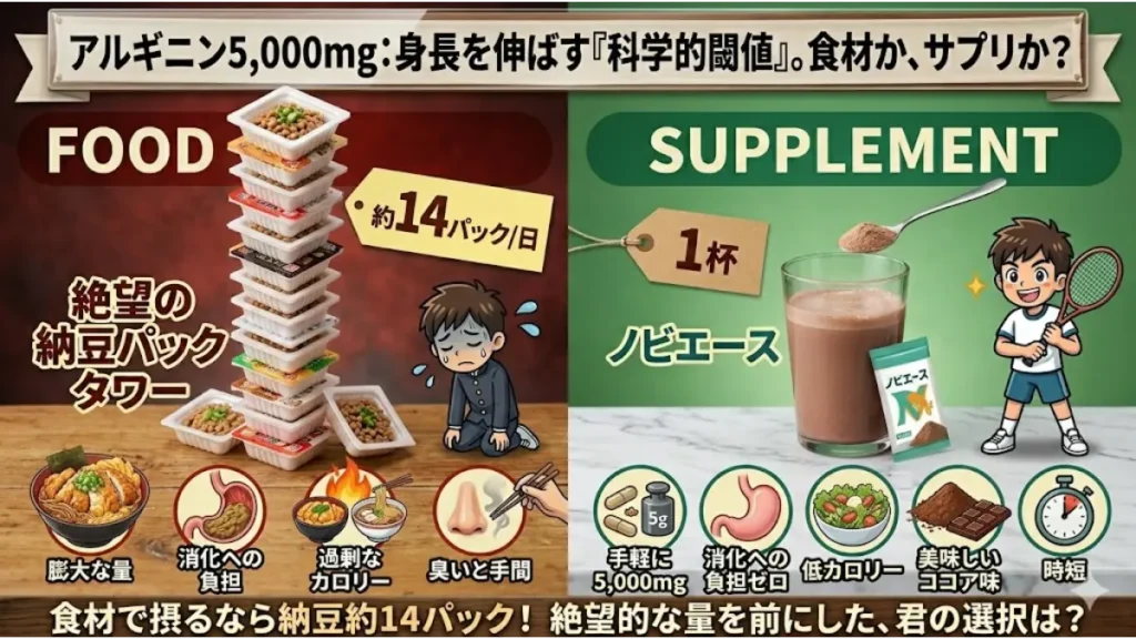 アルギニン5000mgに必要な納豆14パックとノビエース1杯を比較した図解。食事とサプリの効率、消化負担やカロリーの違いを可視化した画像。