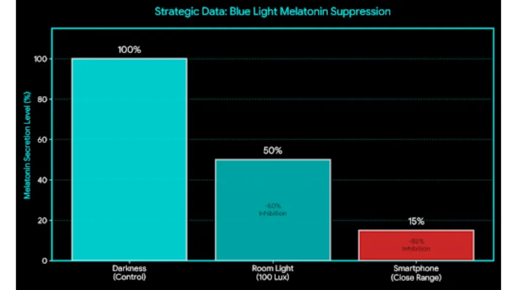 部屋の照明やスマートフォンのブルーライトが、睡眠ホルモンであるメラトニンの分泌をいかに抑制するかを示した比較グラフ。スマホ使用時は最大85%抑制される。