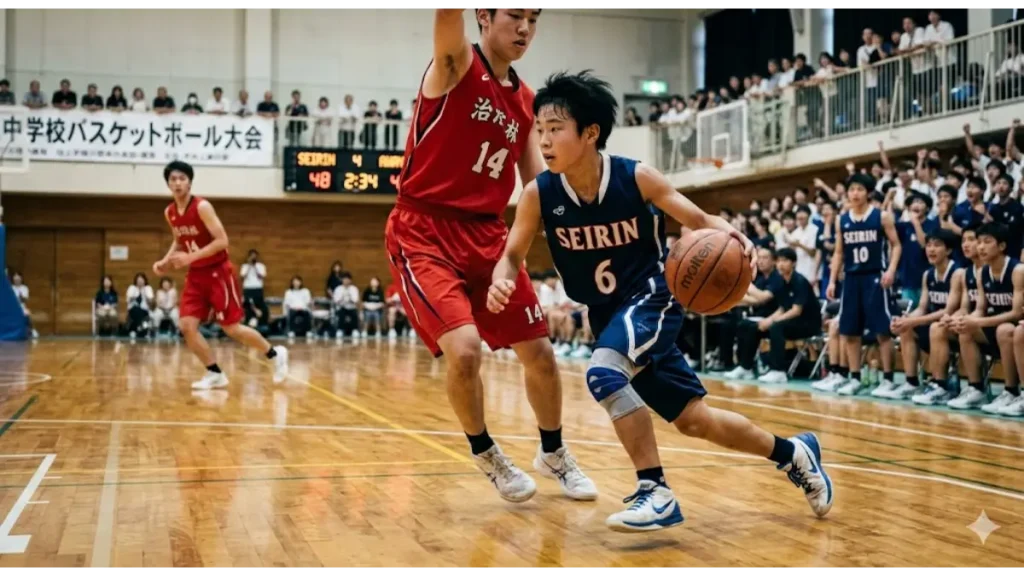 身長150cmの小柄な中学バスケ部PGが、鋭いドリブルで長身選手を抜き去る臨場感あふれる試合シーン。