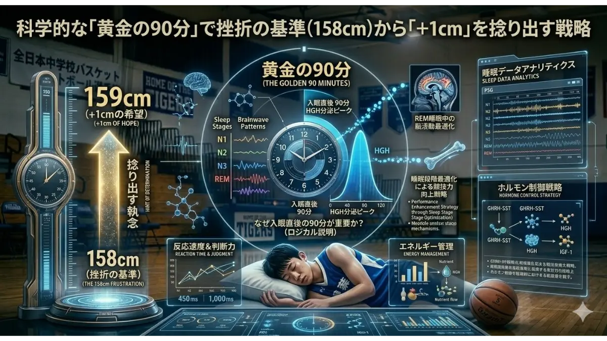 入眠直後の「黄金の90分」と成長ホルモン分泌の相関図。158cmから＋1cmを捻り出すための睡眠ステージ最適化と、競技力向上を支援する科学的戦略。