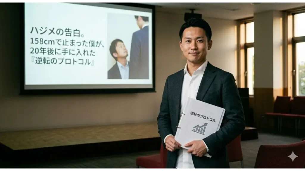 158cmで成長が止まった過去を告白し、20年後に開発した「逆転のプロトコル」を掲げるハジメ。成長期戦略ブログの権威性を裏付ける肖像写真。