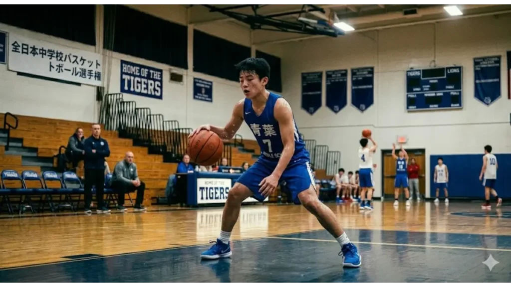 放課後の体育館で、汗を流しながら一心不乱にドリブル練習に打ち込む日本人の中学生男子。努力を積み重ねるも、体格差という壁に直面する前の孤独な姿。