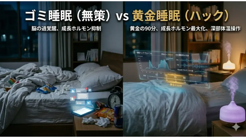乱雑なベッドにスマホやスナックが散乱する「ゴミ睡眠（無策）」と、清潔なベッドに浮遊AR画面とアロマが置かれた「黄金睡眠（ハック）」の垂直対比。