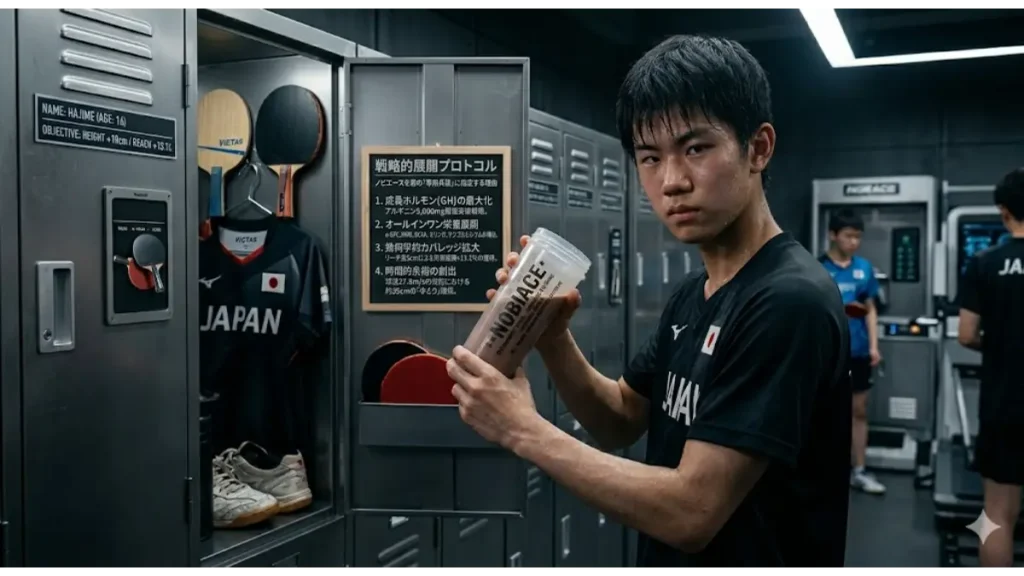 卓球でのリーチ拡大と身長13cmアップを目指す16歳のハジメが、ロッカールームで成長期用サプリ「ノビエース」のシェイカーを持つ。