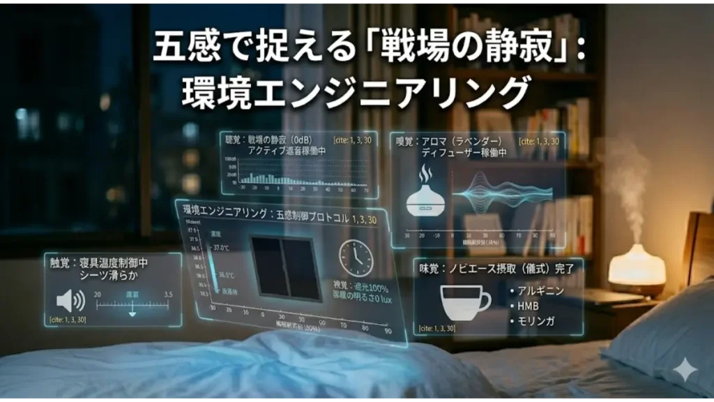 五感制御プロトコルにより「戦場の静寂」を再現した寝室。アロマや遮音、温度管理など、睡眠環境を科学的にエンジニアリングするホログラムデータの可視化。