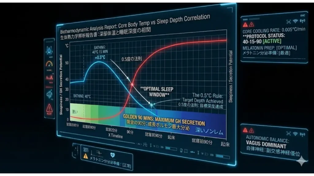 睡眠ハックの鍵となる「黄金の90分」における、深部体温低下と成長ホルモン分泌ポテンシャルの相関を示した解析HUDグラフィック画像。