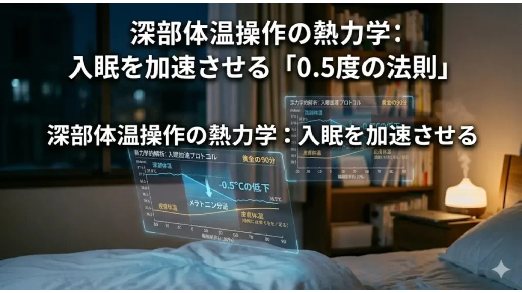 夜の寝室で、戦術的な透明タブレットのARディスプレイがベッドとラップトップの上に浮遊しているリアルな写真。画面には「-0.5°Cの低下」を示す強調されたデータが、日本語（深部体温, 皮膚体温, メラトニン分泌）で表示されている。誰も座っていないベッドは静寂に包まれ、ラップトップとアロマディフューザーが置かれている。窓の外には夜の都市の光が見える。見出し「深部体温操作の熱力学：入眠を加速させる「0.5度の法則」のテキストが overlaid。