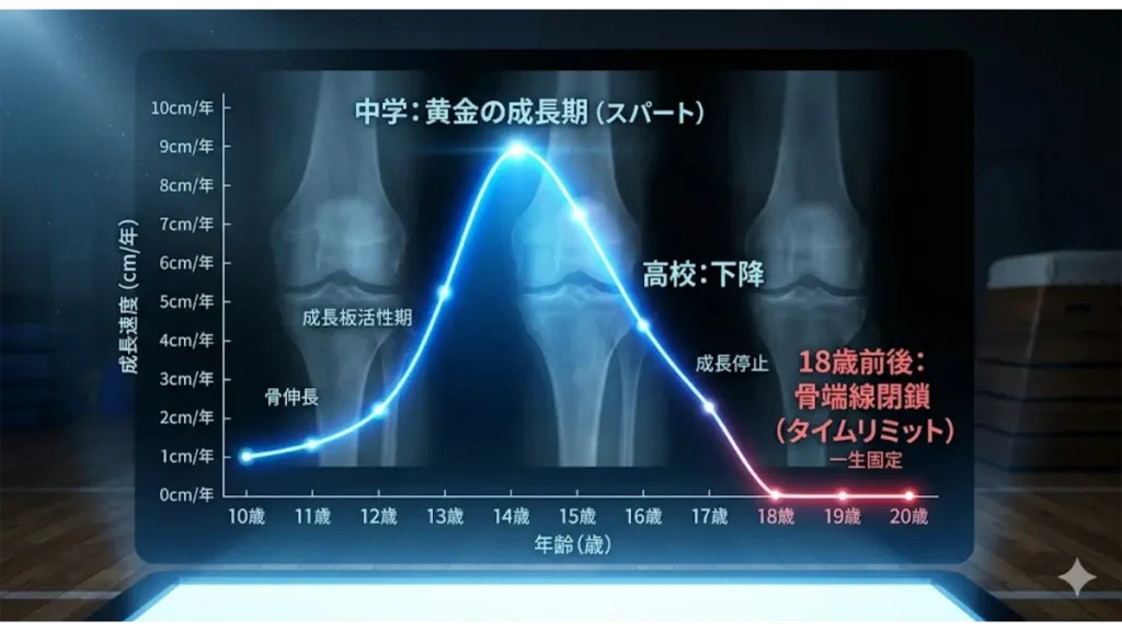 中高生の成長速度(cm/年)を年齢別に示した科学的な折れ線グラフ。12歳から15歳の「黄金の成長期(スパート)」に青い光が、18歳前後の曲線がゼロになる「骨端線閉鎖(タイムリミット)」に赤い光が灯り、10代の限られた時間を視覚化した画像。