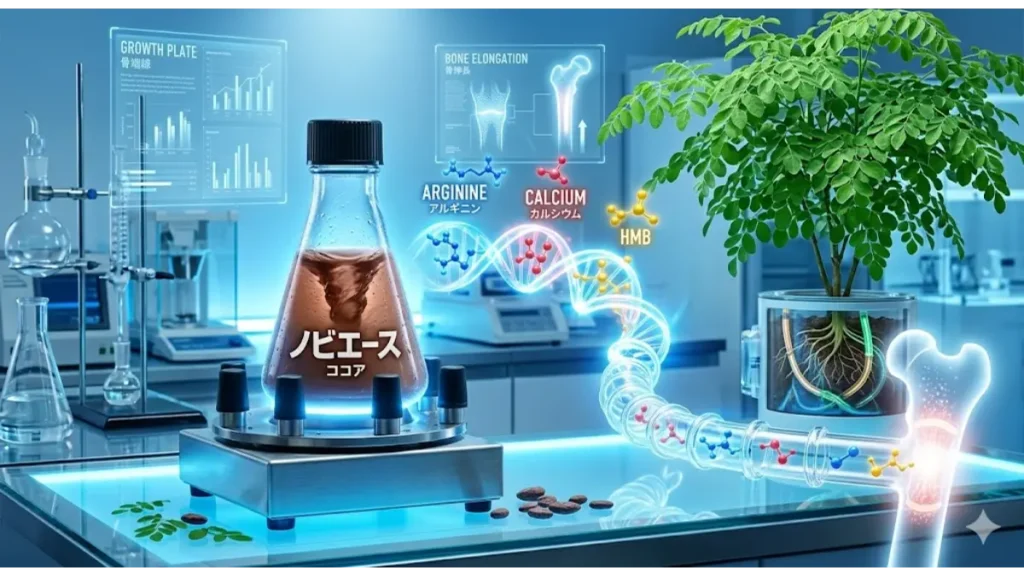 科学的な研究所(ラボ)を背景に、シェイカーで混ざり合うココア味のノビエース。アルギニン、カルシウム、HMBの分子モデルが螺旋を描き、成長板へと吸い込まれていく様子を視覚化した画像。中高生の成長期に必要な栄養投資を科学的根拠に基づいて表現。