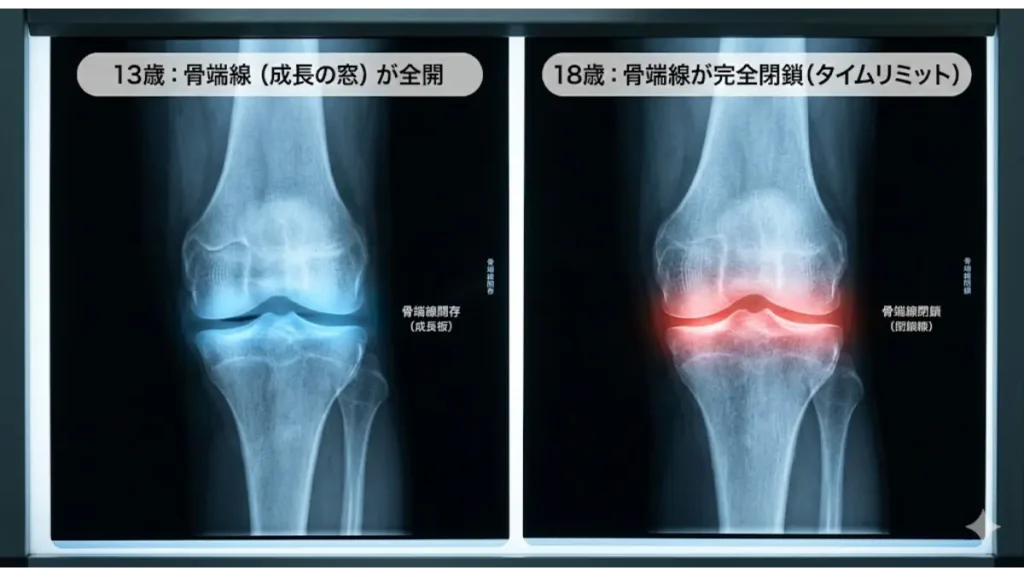 13歳と18歳の膝関節レントゲン写真比較。13歳は骨と骨の間に黒い隙間(骨端線)がはっきり見え「成長の窓が全開」であることを示している。18歳は隙間が消失し骨が融合、「骨端線が完全閉鎖(タイムリミット)」した残酷な真実を描写。