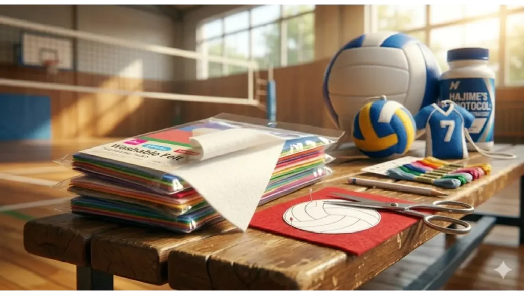 100均の洗えるフェルトを使ったバレーボール部お守りの制作過程。体育館の木製ベンチで、型紙を使って赤いフェルトをカットしており、隣には透明パッケージに入った多色の洗えるフェルト、刺繍糸、針、そして完成途中のボール型フェルトやユニフォーム型お守りが置かれている。