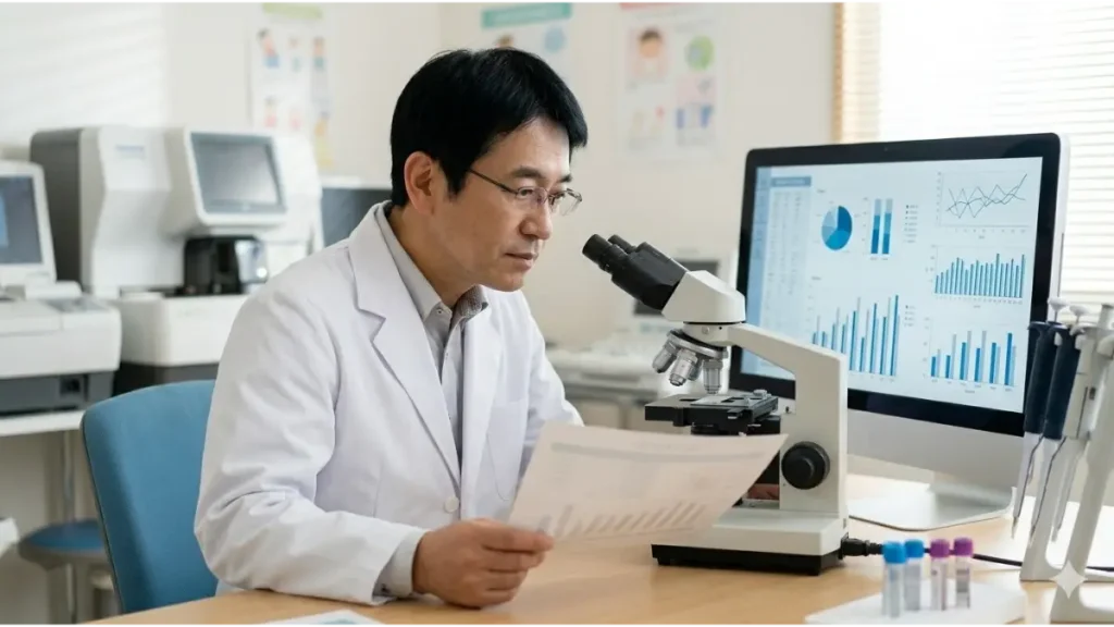 血液検査データ（ALPや成長ホルモン）を分析する医師