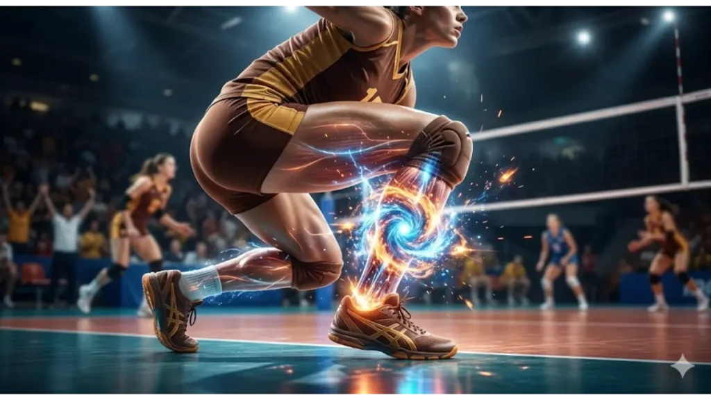 バレーボール選手の足元からエネルギーが爆発する、垂直跳びのパワーを象徴した画像。アルギニン5,000mgの補給効果を視覚的に表現。