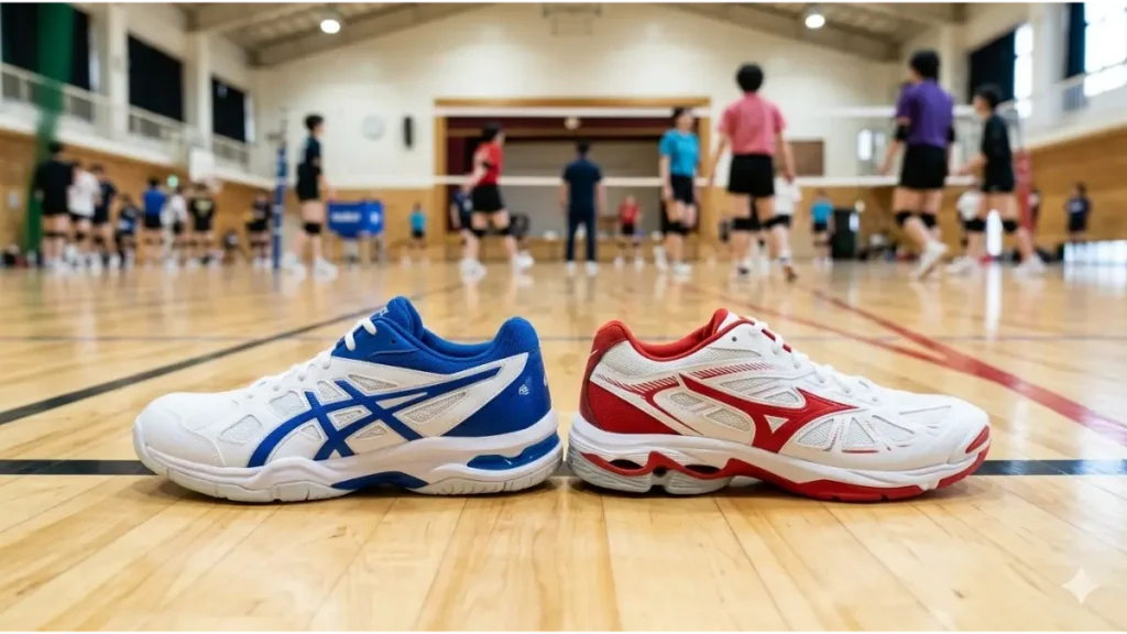 アシックスの青と白のバレーボールシューズと、ミズノの赤と白のバレーボールシューズが、体育館の床に並べて置かれている。それぞれのブランドのロゴは無く、機能的なデザインが比較できる。