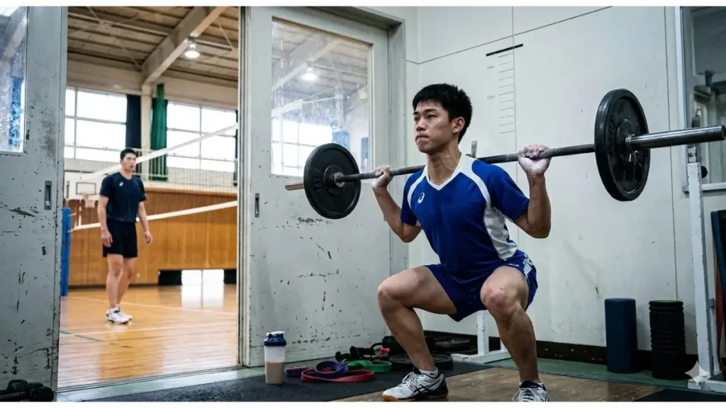 バーベルを担いで真剣な表情でスクワットをする、小柄だが筋肉質な若いバレーボール選手の全身像。青いトレーニングウェアを着用。足元にはプロテインシェイカー、レジスタンスバンド、ヨガマット、フォームローラーが散乱しており、背景にはドア越しにバレーボールネットと2.43mのネット高を示すマークが見える体育館がある。身長の壁を越えるための「体づくり」の実践（筋トレと栄養補給）を象徴。