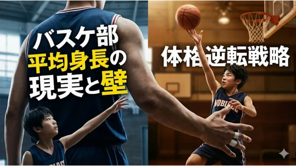 バスケ部平均身長の壁に直面する背番号7の選手。左側は巨大な選手の背中と見上げる様子、右側はダンクを狙うダイナミックなアクションと体格逆転戦略のテキスト。