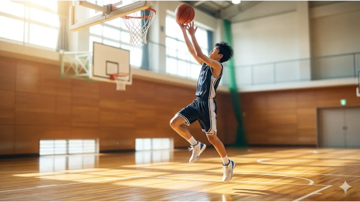 バスケの練習で高くジャンプする日本人中学生。身長を伸ばす垂直跳びの刺激と成長ホルモン分泌をイメージ。