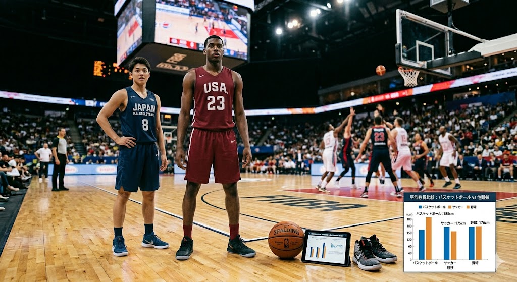 他競技（サッカー、野球）の高校生アスリートと並び、その並外れた平均身長の高さを際立たせるバスケットボール部員の、体育館での比較画像