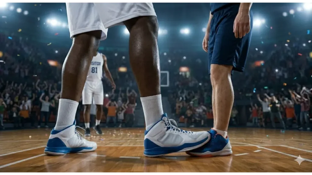 バスケのブロック。低重心の POV で、高身長選手の巨大な足が低身長選手の視界を完全に覆い隠し、ボールを叩き落とす衝撃的な瞬間を実写で描写