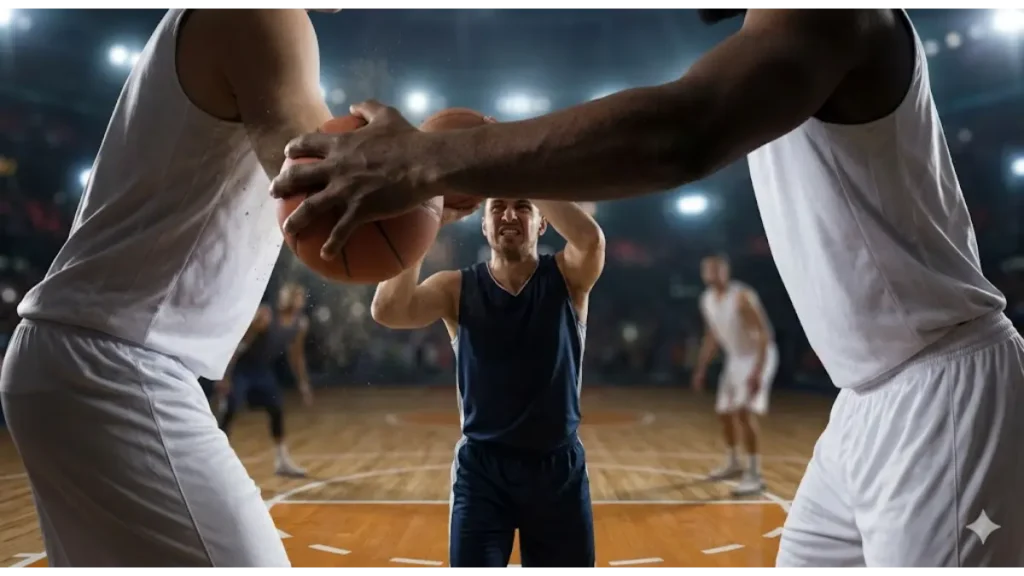 バスケのブロック。低アングルのPOVで、高身長選手が低重心のガードの視界を完全に覆い隠し、ボールを叩き落とす衝撃的な瞬間