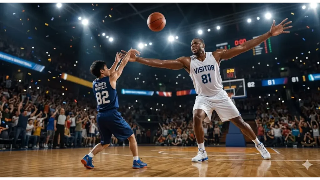 バスケのフローター。ゴール下で低重心の低身長選手が、高身長選手の巨大なブロックの上を越える極端な「高弾道」でフローターシュートを放った瞬間をダイナミックに描写