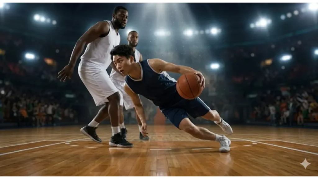 バスケのドリブル。低重心の低身長選手が、重力から解放されたような「身のこなし」で、よろめく高身長選手を抜き去ったダイナミックな瞬間を実写で描写