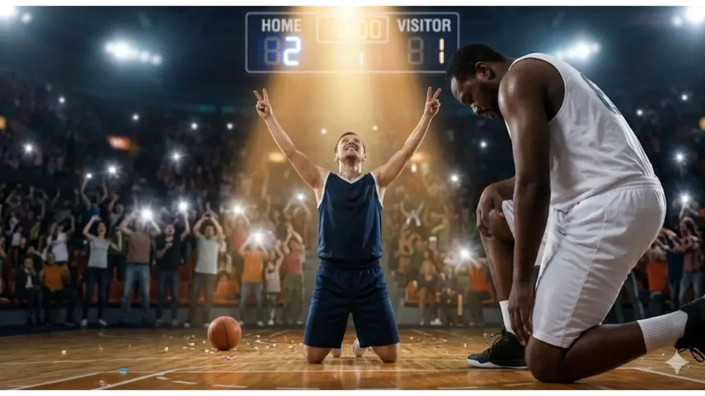 バスケ部で低身長の選手が、試合終了直後に勝利のガッツポーズを決め、高身長選手を相手に体格差を覆した瞬間を実写で描写