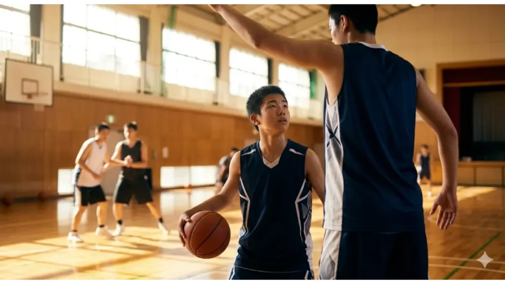 バスケのポジション争いで高身長の選手に圧倒される背が低い中学生男子。リーチ差による体格の壁と残酷な競争環境をイメージ。
