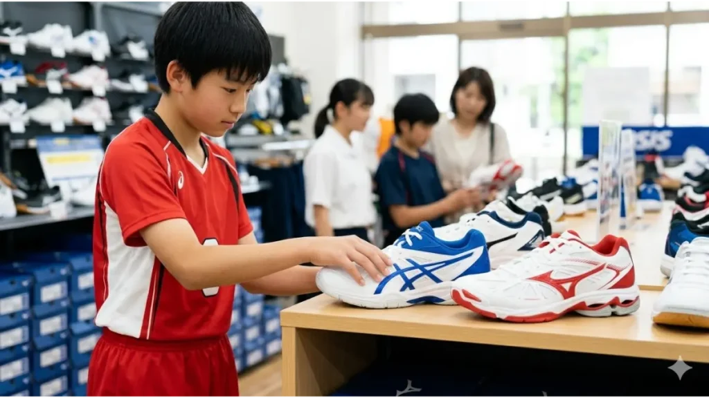スポーツ店でバレーボール初心者の日本人中学生男子が、アシックスとミズノのエントリーモデルのシューズを並べて見比べ、機能を検討している様子。
