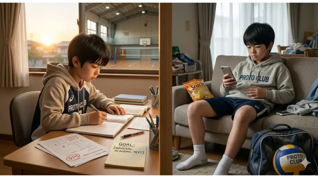 バレー部を辞めたいと感じる小柄な中学生の男の子が、自由な時間を手に入れた後、学業に集中して机に向かっている様子(左)と、鈍い表情でソファに座り込み、ダラダラとスマートフォンを見ながら鈍った体を気にしている様子(右)のコントラストを描写した分割画像。左側には新しい目標やテストの点数、右側には放置されたPROTO CLUBのバッグが描かれている。