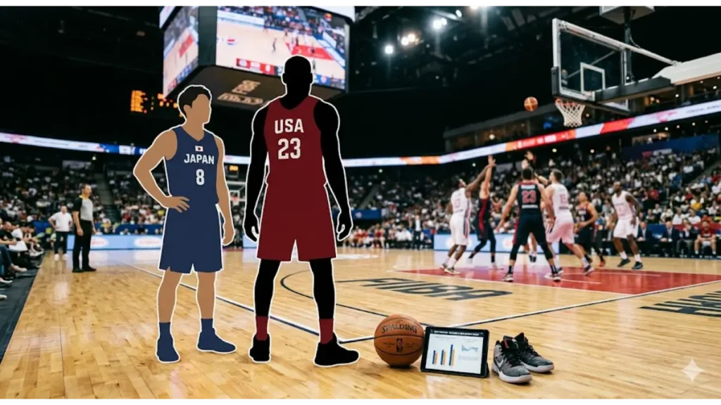 BリーグとNBAの試合データ、平均身長差を表すコート上のシルエットと、スコアボード、バスケットボール、バッシュが置かれた、プロバスケットボールリーグを象徴するイメージ画像