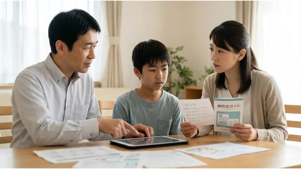 骨端線レントゲン検査の費用と診療科を検討する保護者と子供