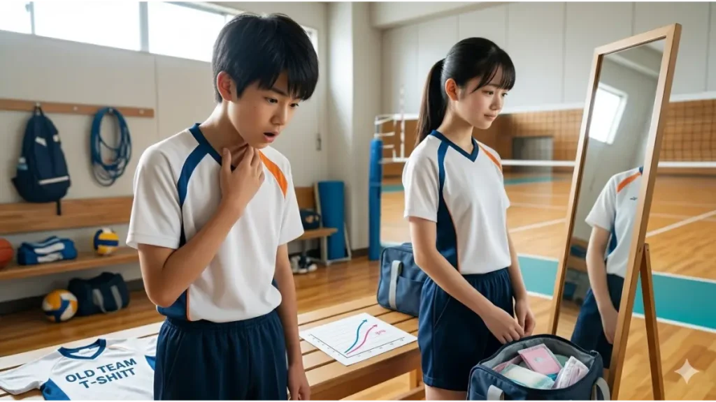 日本人中学生の男女が、それぞれ自分の体の変化に気づいている様子を捉えた、実写風の画像。男子は自分の喉に手を当てて声の変化に驚き、女子は自分の体を鏡で見て、少し大人びた表情をしている。2人の間には、成長スパートの曲線グラフが描かれた紙が置かれている。思春期の繊細な成長サインを表現している。