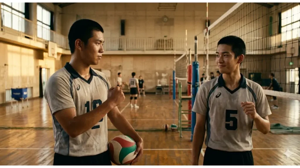 夕暮れの薄暗い体育館で、男子バレー部のエースアタッカーとセッターが練習中に見せた、言葉はなくとも通じ合う信頼と誇りに満ちた一瞬。汗を流し、互いの役割に対する深い誇りを静かに共有している様子。