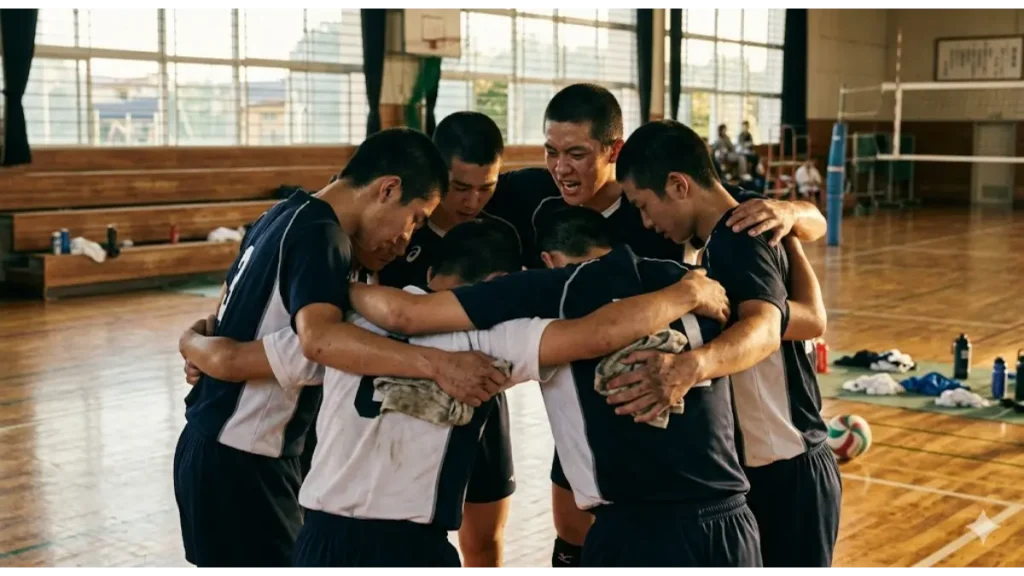 夕暮れの体育館で、男子バレーボール部員たちが円陣を組み、肩を抱き合って結束を深めている。コート中央のボールを囲み、言葉はなくとも通じ合う信頼と闘志に満ちた一瞬の実写写真。