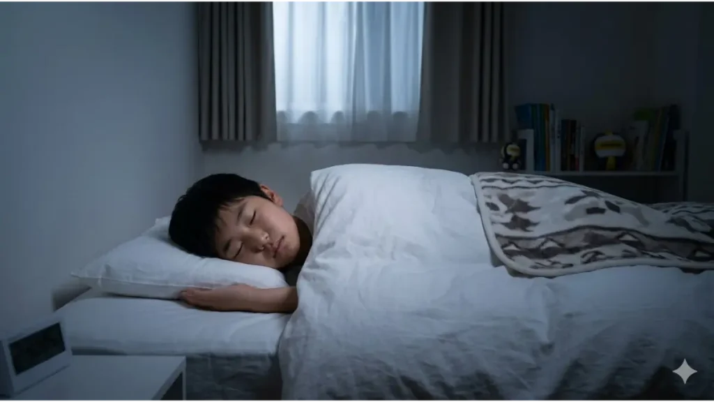 布団に入り熟睡している少年の画像