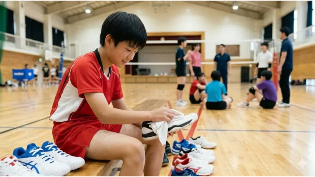 体育館のコート脇で、自分のバレーボールシューズを丁寧に拭く中学生男子。周囲には他の選手たちの靴も並んでいる。遠くで練習が終わった後の団欒が見える。充実した表情。