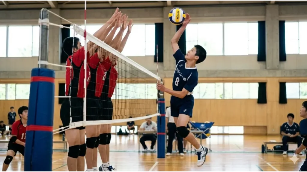 バレーのアタックを仕掛けるが、背の高い3枚のブロックが立ちはだかる。