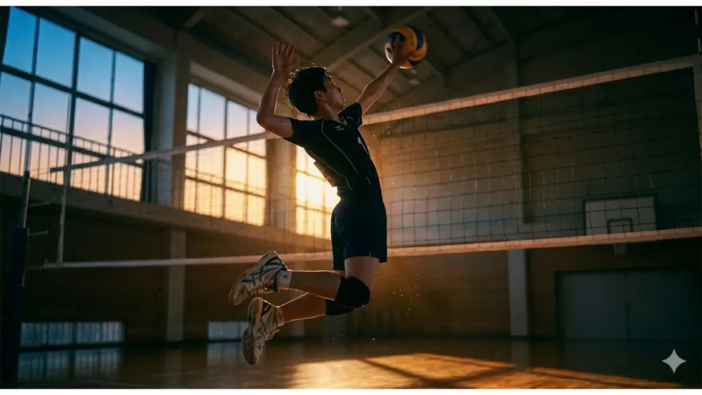 夕暮れの体育館で、弓なりに反った身体でスパイクを打つ瞬間の小柄なバレー部員。