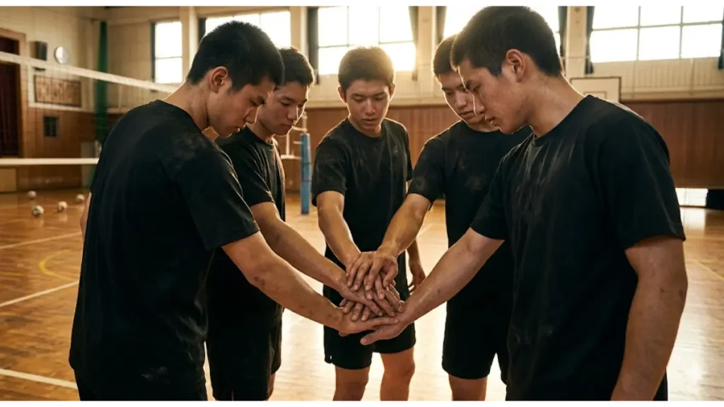 夕暮れの体育館で、男子バレー部員たちが円陣を組み、コート中央で手を重ね合わせている力強い後ろ姿の実写写真。結束と挑戦を象徴している。