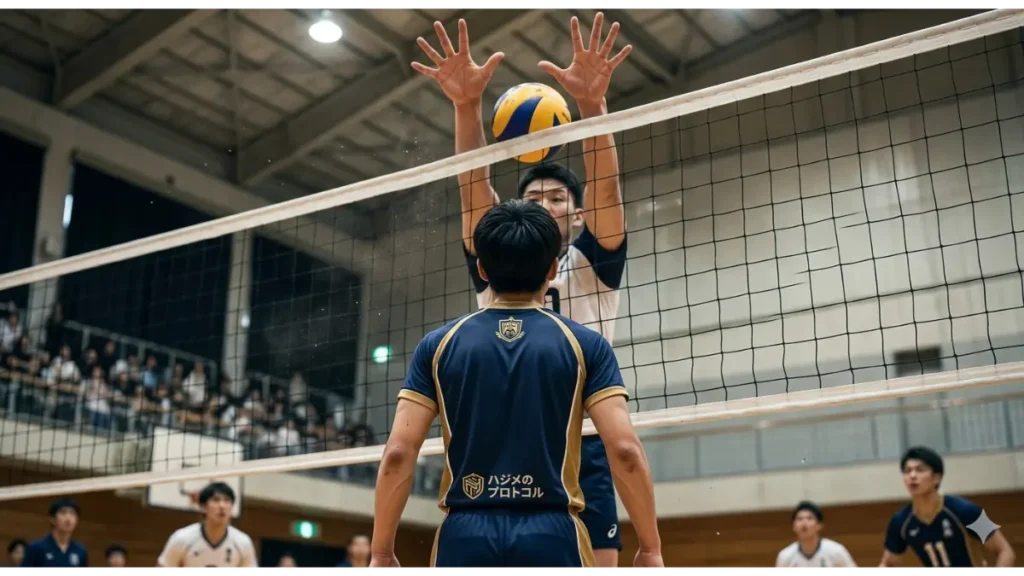 バレーボールの試合。小柄な選手の前に大柄な選手のブロックが立ちはだかる。
