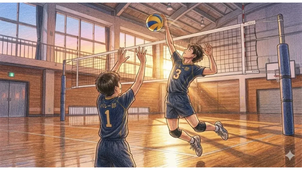 夕暮れの誰もいない体育館で、完璧に挙げられたトスをスパイカーが打ち込む瞬間の、手書きの温かみがあるバレー部のイラスト。