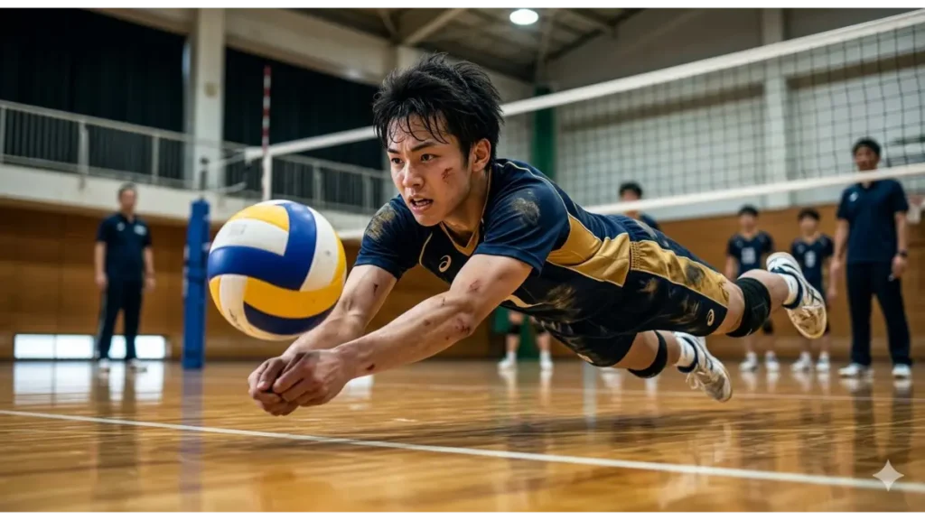体育館で小柄な男子バレーボール選手が、激しいレシーブ練習（フライングレシーブ）で床にダイブする瞬間。汗と床の摩擦で汚れたユニフォームと擦り傷が、努力と不屈の精神を象徴している。