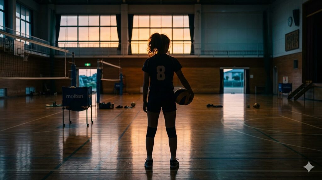 夕暮れの無人の体育館で、コートに立つ女子バレーボール部員の逆光シルエット。158cmのアタッカーが、ボールを手に、夕日とブルーモーメントのグラデーションに向かって立つ後ろ姿。静寂と闘志のコントラスト。