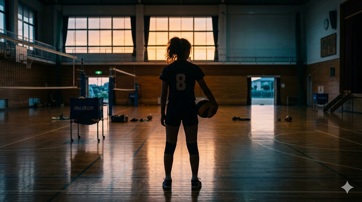 夕暮れの無人の体育館で、コートに立つ女子バレーボール部員の逆光シルエット。158cmのアタッカーが、ボールを手に、夕日とブルーモーメントのグラデーションに向かって立つ後ろ姿。静寂と闘志のコントラスト。