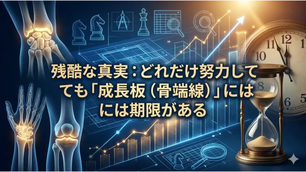 関節のレントゲン図、砂時計、上昇グラフと共に「成長板には期限がある」という真実を伝える、科学的で戦略的なインフォグラフィック画像。