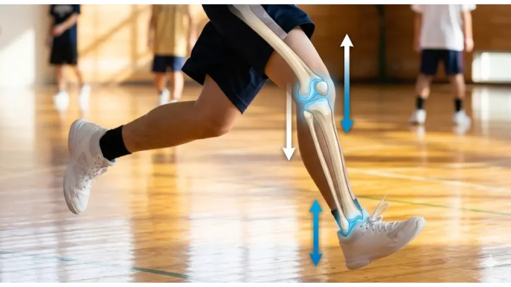 バスケの垂直ジャンプで足が伸び、骨の骨端線に縦方向の刺激が加わる解剖学的なメカニズム。ジャンプの着地で軟骨組織が活性化するイメージ。